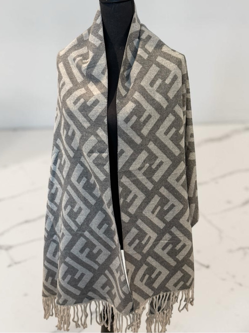 Source Unknown Gray and Light Gray Monogram Fringe Wrap